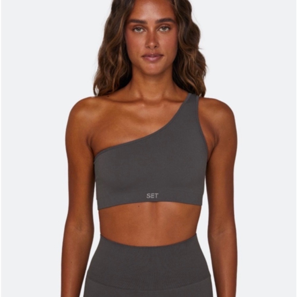 SET ACTIVE SCULPTFLEX One Shoulder Bra Slate Gray Ribbed Sports Bra Small